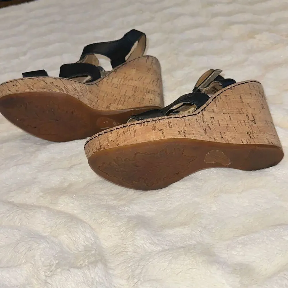 Born Black Patent Leather Cork Wedge Sandals | Sz 7